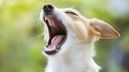 Poster - Close-up of a small, light brown and white dog yawning widely outdoors, showing its teeth and pink tongue against a blurred green background. : Generative AI