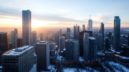 Leinwandbilder - A breathtaking panoramic view of a modern city skyline at sunrise, showcasing numerous skyscrapers bathed in the warm golden light, with a blanket of snow covering the ground below. : Generative AI