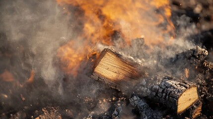 Leinwandbilder - Close-up view of burning wood logs, showing flames, smoke, and embers.  The texture of the wood is visible, both burning and charred. : Generative AI