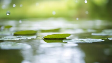 Poster - Single green lily pad floats serenely on calm water, surrounded by other pads and gentle ripples, with a soft green bokeh background and subtle water droplets. : Generative AI