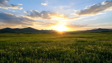 Poster - Serene sunset over a vast, green meadow, gently rolling hills silhouetted against a vibrant sky, wildflowers dotting the landscape. : Generative AI
