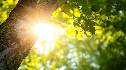 Poster - Sunlight streams through lush green leaves illuminating a moss-covered tree trunk, creating a vibrant and peaceful forest scene. : Generative AI