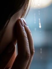 Poster - Close-up of a woman's finger touching her eye, water droplets visible on skin and finger, soft light, melancholic mood. : Generative AI