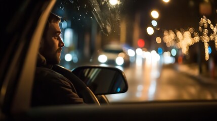 Poster - A man sits in his car at night, observing the blurred city lights outside his window.  The scene is dark and moody, with a focus on the man's profile. : Generative AI