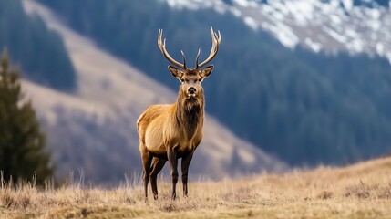 Poster - Majestic red deer stag stands proudly in a mountain meadow, its antlers reaching towards a blurred backdrop of snow-capped peaks and dark evergreen forests. : Generative AI