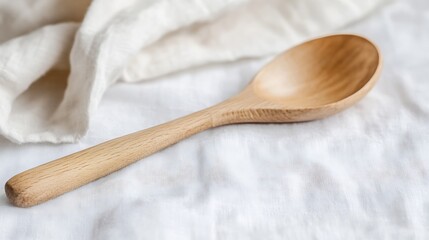Poster - A light-colored wooden serving spoon rests on a white linen cloth, showcasing its simple, elegant design and natural grain. : Generative AI
