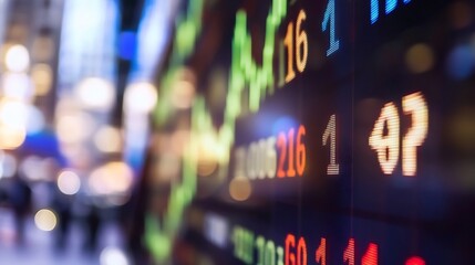 Leinwandbilder - Close-up view of a vibrant stock ticker displaying fluctuating numbers and graphs, with a blurred city background suggesting a bustling financial district at night. : Generative AI