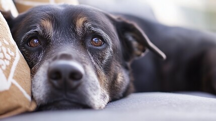 Poster - Close-up portrait of a senior dog resting its head on a pillow, showing its brown eyes and graying muzzle. The dog appears calm and peaceful. : Generative AI