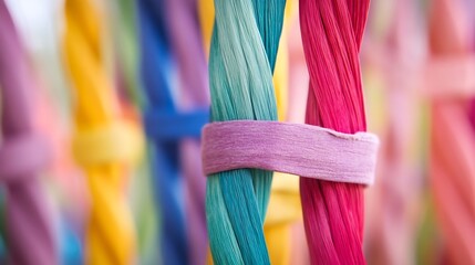 Poster - Close-up view of vibrant, interwoven strands of colorful paper, creating a textured and artistic pattern. The image showcases a variety of hues, including teal, pink, purple, and yello : Generative AI