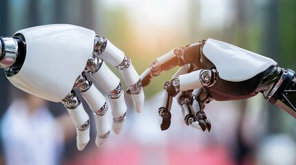 Poster - Two robotic hands reach towards each other, fingers almost touching, against a blurred city background.  A futuristic concept of artificial intelligence and human connection. : Generative AI