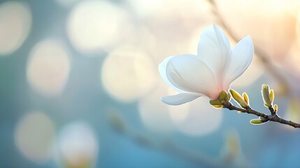 Aufkleber - Single white magnolia blossom on a branch, soft-focus background of blue and beige bokeh, springtime floral image. : Generative AI