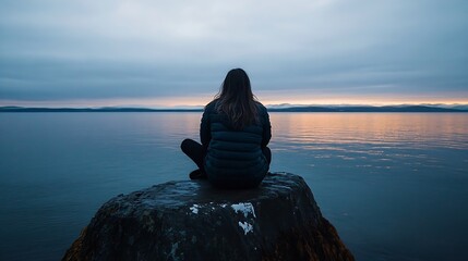 Poster - Woman sits on a rock overlooking a calm lake at sunset, mountains in the distance.  Serene, peaceful atmosphere. : Generative AI