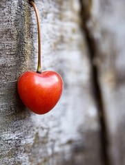 Poster - Single ripe red cherry hanging from a branch against a textured grey bark background.  The cherry is heart-shaped and appears juicy and fresh. : Generative AI