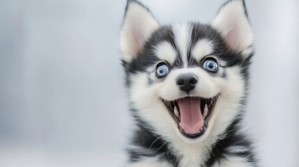 Poster - Adorable Siberian Husky Puppy with Bright Blue Eyes and Open Mouth, Showing Happy Expression, Close-Up Portrait. : Generative AI