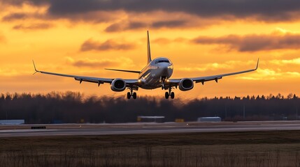 Poster - Boeing 737 airplane landing at sunset, low angle view, dramatic golden sky, runway, trees, airliner, transportation, travel : Generative AI