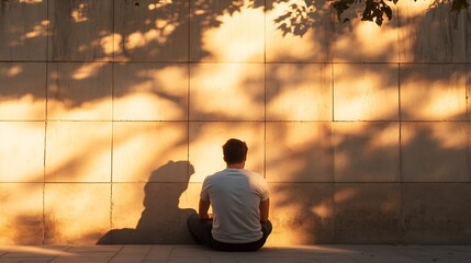Poster - A man sits cross-legged against a beige tiled wall, bathed in the warm golden light of sunset, with dappled tree shadows cast upon the wall behind him. : Generative AI