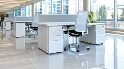 Poster - Modern office interior with white desks and chairs near large windows offering city views.  Clean, bright workspace design. : Generative AI