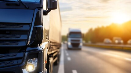 Poster - Close-up view of a dark-colored semi-truck driving on a highway at sunset, another truck visible in the distance. : Generative AI