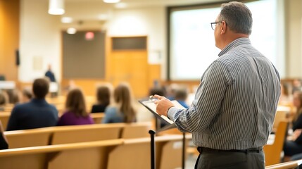 Poster - A man in a striped shirt stands at a lectern, addressing a blurred audience in a church or lecture hall setting. He holds a clipboard, suggesting a presentation or sermon. : Generative AI