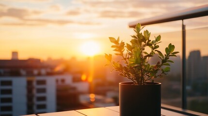Aufkleber - A small potted plant sits on a balcony overlooking a city skyline at sunset, bathed in warm golden light. The scene evokes tranquility and urban serenity. : Generative AI