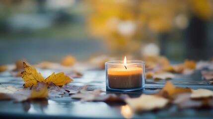 Poster - A lit candle sits amidst fallen autumn leaves on a reflective surface, creating a serene and peaceful autumnal scene. : Generative AI