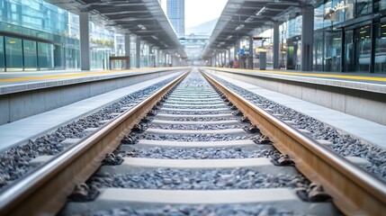 Poster - Modern train station platform with railway tracks receding into the distance, showcasing a clean, contemporary design and architectural details. : Generative AI