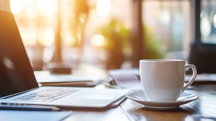 Fototapete - A white coffee mug sits on a saucer next to a laptop on a wooden table in a cafe, bathed in warm sunlight streaming through a window. : Generative AI