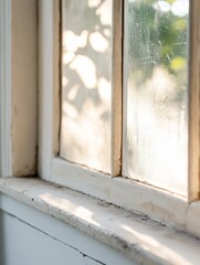 Leinwandbilder - Close-up of a weathered white window frame, sunlight illuminating the aged paint and dusty glass panes, showcasing the texture and subtle decay of the wood. : Generative AI