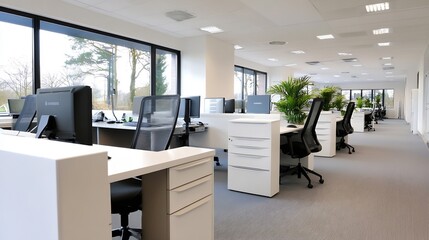 Poster - Modern office interior with white desks, black mesh chairs, and large windows overlooking trees.  The spacious room features a grey carpet and potted plants, creating a bright and prod : Generative AI