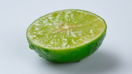 Poster - A close-up view of a fresh lime slice reveals vivid green hues and glistening juice droplets, highlighting its natural freshness set against a clean white background