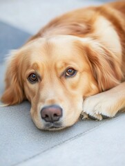 Poster - Close-up portrait of a golden retriever dog resting its head on the ground, showing its soft fur and expressive eyes. : Generative AI