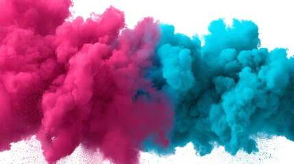 Poster - Swirling clouds of turquoise and magenta powder burst against a white backdrop, showcasing colorful energy and creativity with ample space for text placement