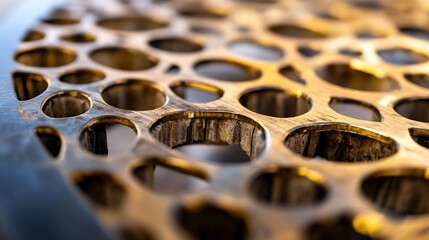 Aufkleber - Close-up view of a circular wooden object with multiple circular cutouts, showcasing a unique design and texture. The golden hue highlights the intricate detailing. : Generative AI