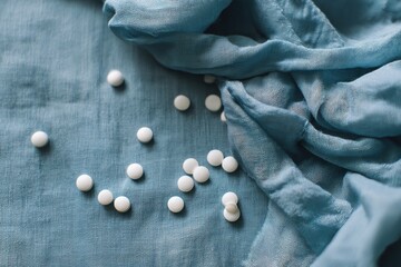 Poster - Soft Minimalist Still Life Features White Pills Scattered on Gentle Blue Fabric in a Serene Indoor Setting Generative AI