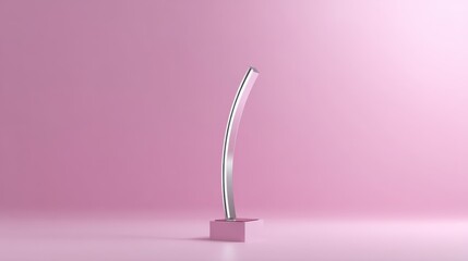 Poster - Curving figure displays a smooth gradient from pink to orange on a pedestal, illuminated by soft gallery lighting to highlight its polished finish and form