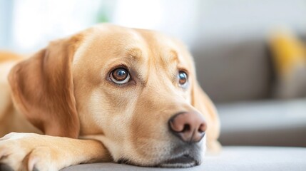 Poster - Close-up portrait of a pensive golden labrador retriever resting its head on a soft surface, showing its expressive eyes and soft fur. : Generative AI