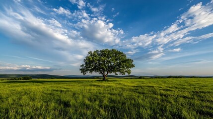 Aufkleber - Solitary oak tree stands in a vast green field under a vibrant blue sky with fluffy white clouds, creating a serene and peaceful landscape. : Generative AI