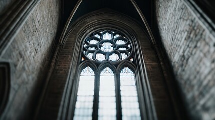 Poster - Gothic architecture detail: a majestic arched window with stained glass rose in a stone church interior, showcasing intricate craftsmanship and religious symbolism. : Generative AI