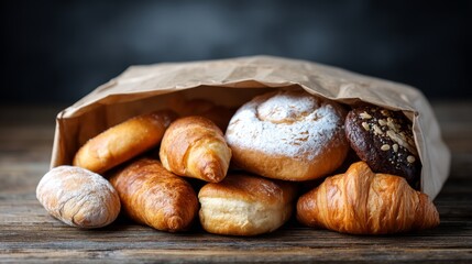 Aufkleber - A vintage-style kraft paper bag is casually filled with various bakery treats on a worn wooden surface, creating a warm and inviting atmosphere perfect for cozy moments