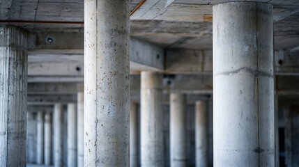 Leinwandbilder - Abstract view of numerous concrete pillars supporting a large unfinished building's ceiling, showcasing the raw texture and industrial aesthetic of the construction site. : Generative AI