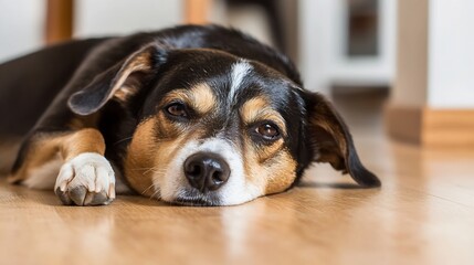 Poster - A tired tricolor dog rests its head on a light brown wooden floor, paws gently tucked beneath, showing peaceful exhaustion and contentment. : Generative AI
