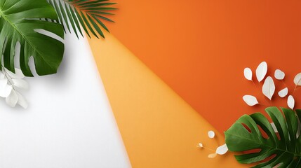 Poster - Bright orange background showcases vivid palm and monstera leaves, symmetrically arranged for a fresh summer aesthetic with space for text or design elements