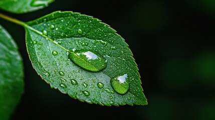 Poster - Pristine green leaf holding shimmering water droplets in soft natural light