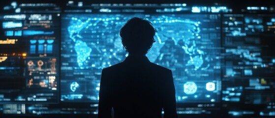 Poster - Person observing global data on a large screen