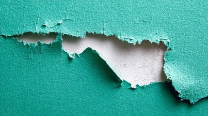 Fototapete - Close-up view captures a jagged tear in bright teal paper, exposing a smooth white layer underneath, ideal for highlighting unique textures in design projects