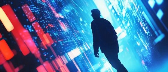 Poster - person standing in front of a data stream background