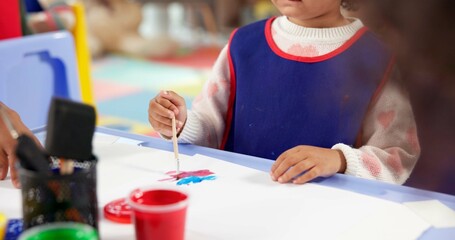 Aufkleber - Learning, kid and hands painting for art, creative talent and development in preschool class. Education, students drawing and child with watercolor for growth, artwork and sketch on paper with brush