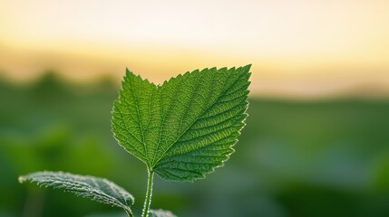 Fototapete - Green leaf reflecting sunlight in a blurred natural background