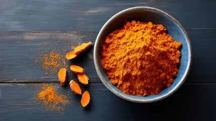 Aufkleber - Ground turmeric fills a ceramic bowl, set atop a dark wooden surface. Fresh turmeric slices and spice dust add vibrancy, creating a rich culinary scene