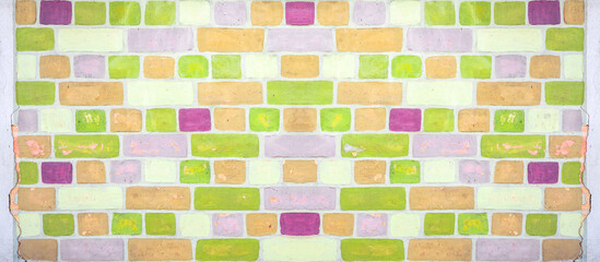 Aufkleber - Colorful painted damaged rustic brick tile wall brickwork stonework masonry texture background banner panorama